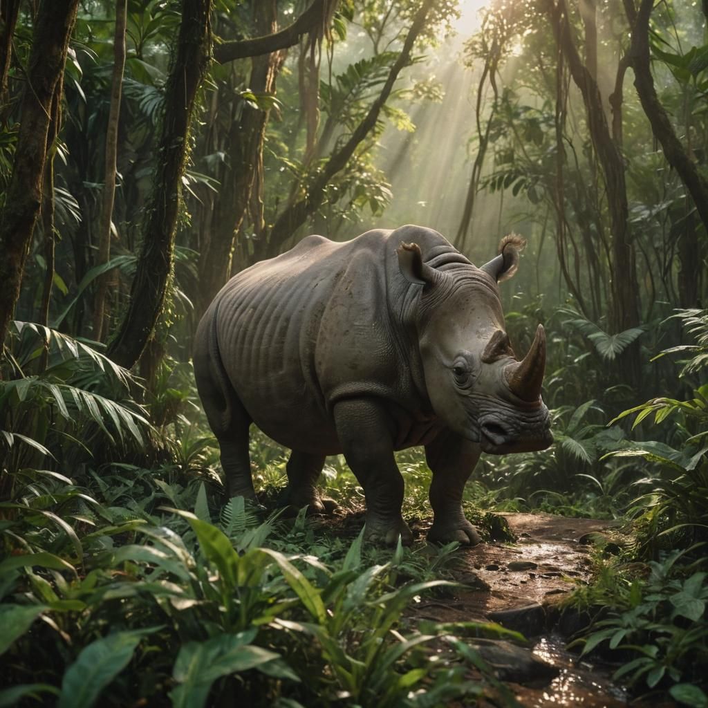 Rhino in Jungle: Hyperrealistic Cinematic Film Still