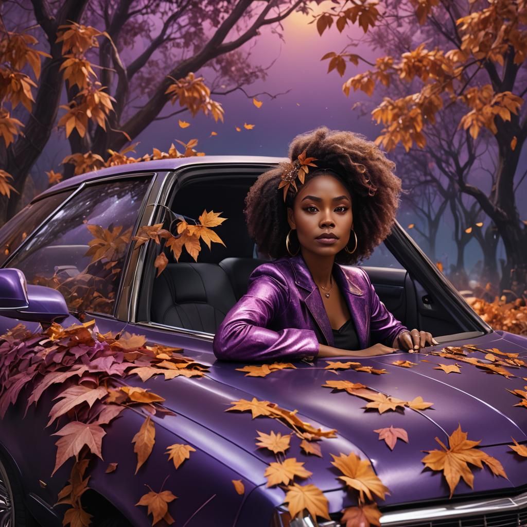 Confident Woman on Cadillac in Whimsical Halloween Art