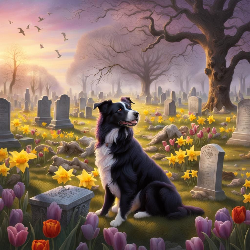 Angel with Border Collie Puppy in Cemetery Landscape