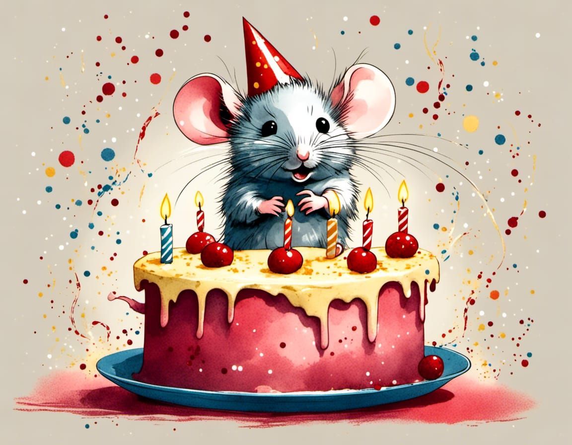 birthday mouse, with a big cheese cake