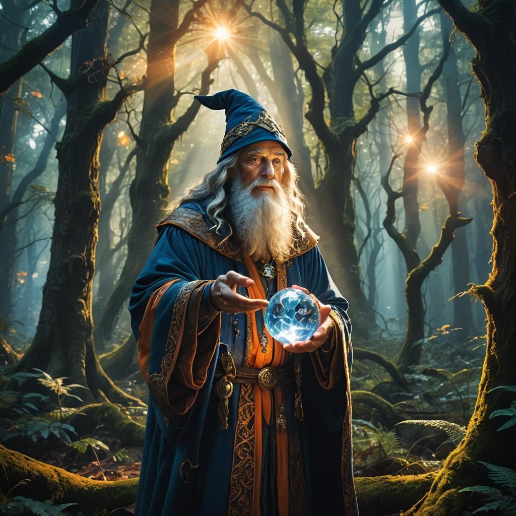 Wizard with Glowing Orb in Mystical Forest