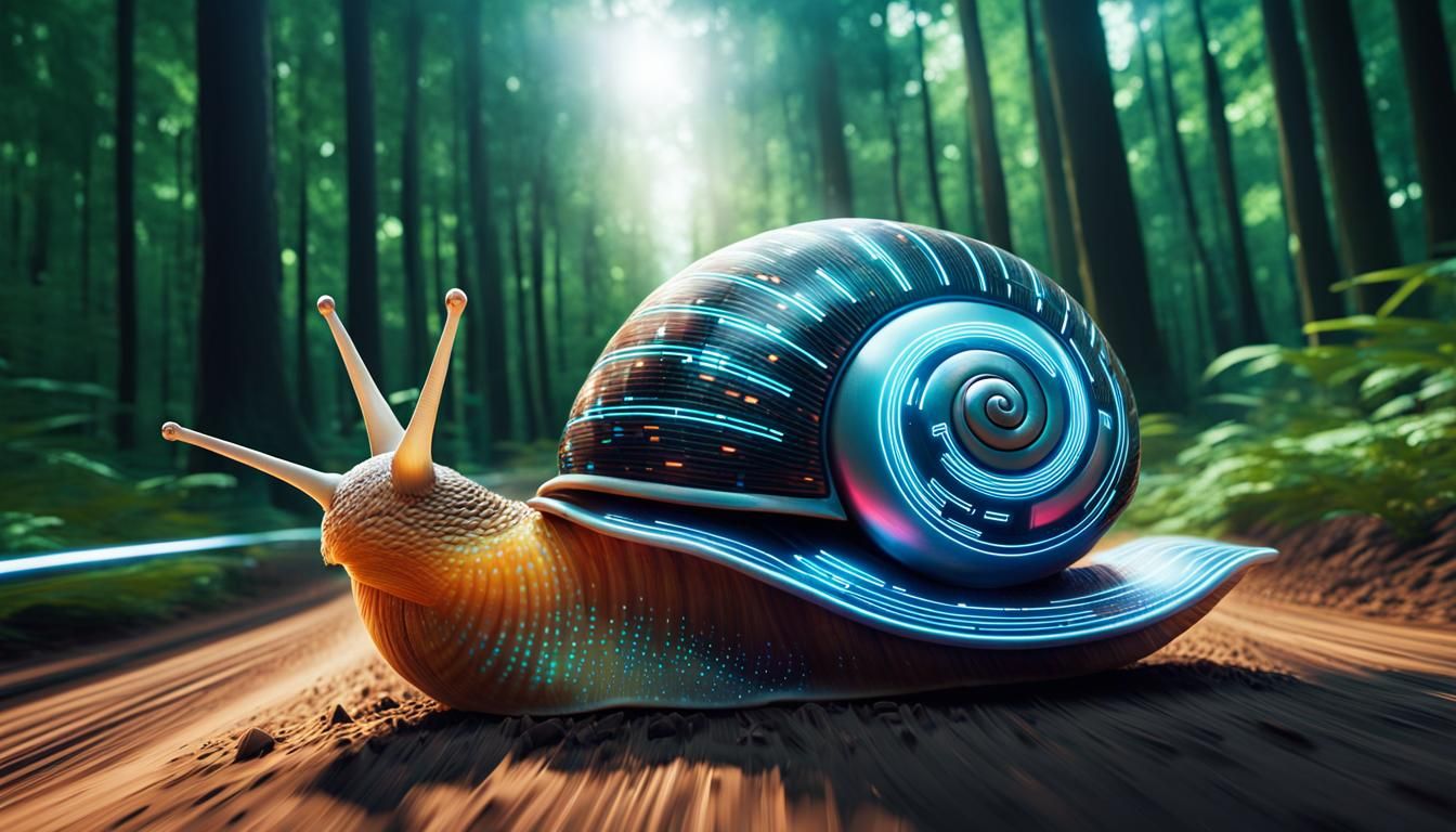 Futuristic Snail Races with Neon 'Warp Speed' Text