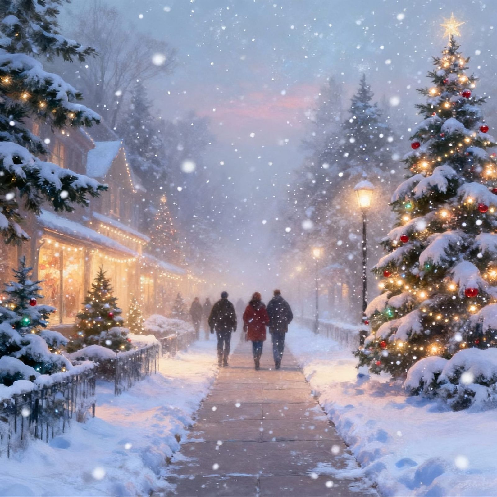 Christmas Snowfall Scene with People on Sidewalk