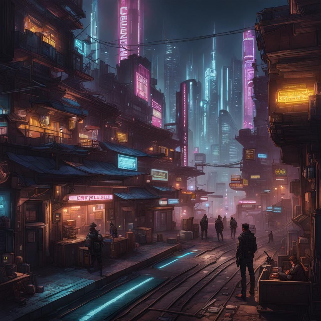 Cyberpunk Townscape with Neon Lights