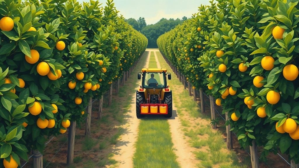 Lemon Orchard in Gouache Style with Tractor