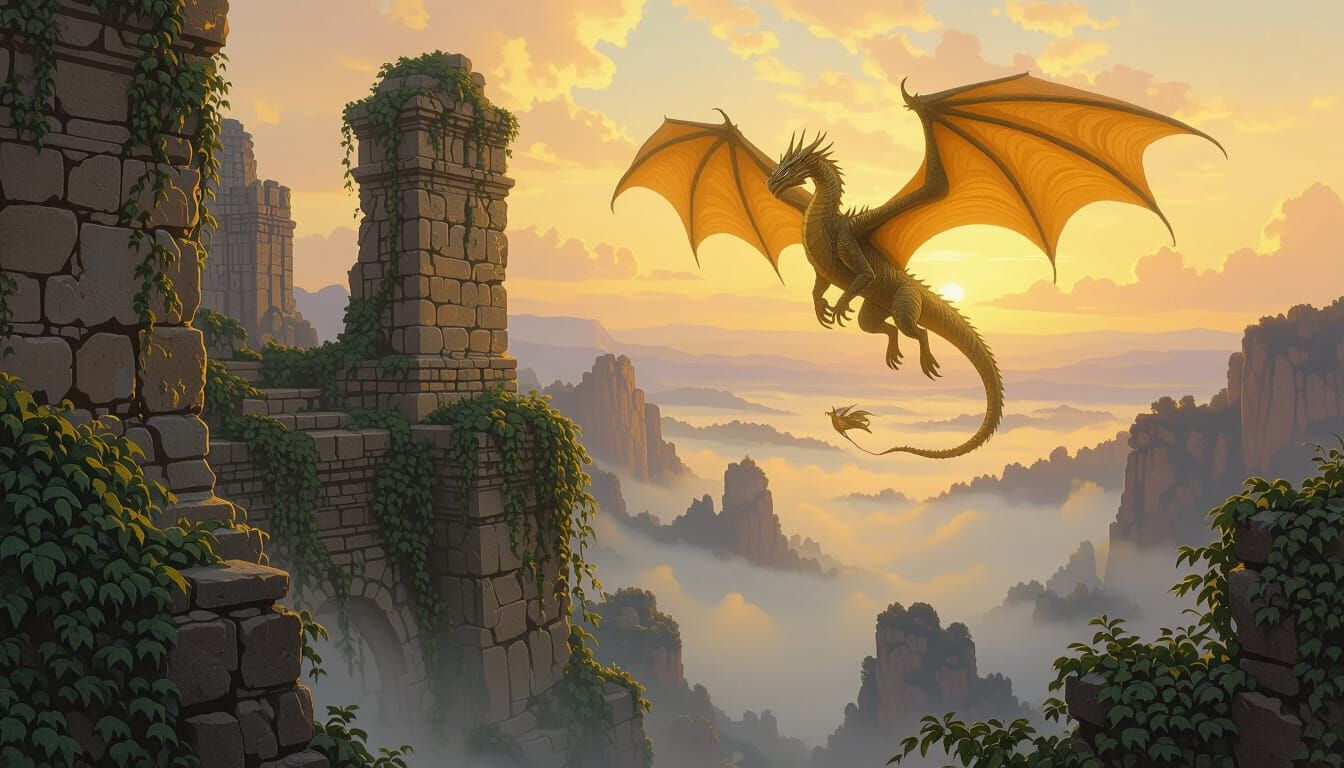 Golden Dragon Over Ancient Ruins at Dawn