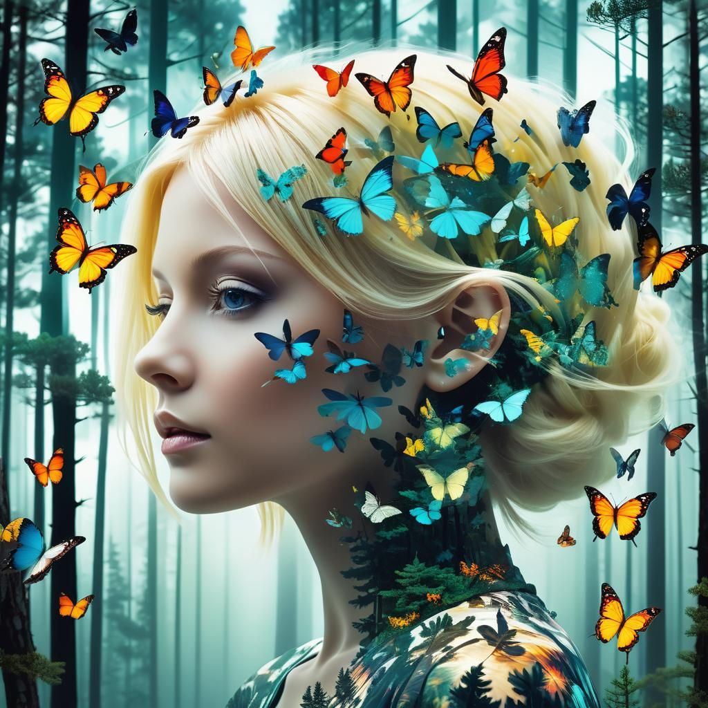Surreal Mindscape: Blonde Woman in Butterfly Paradise