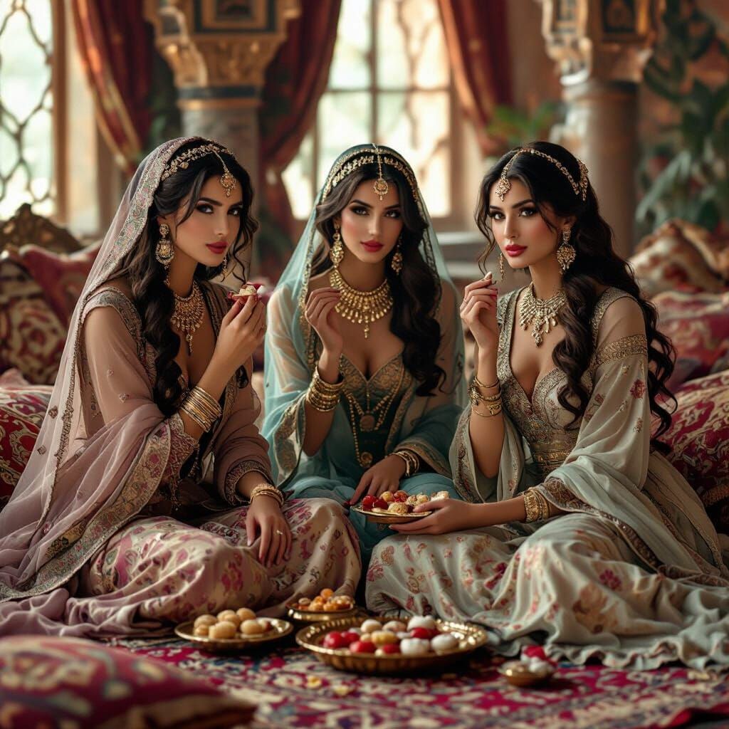 Elegant Persian Women in Opulent Hall