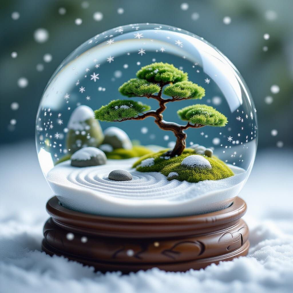 Envision a miniature zen garden contained within a snow glob...