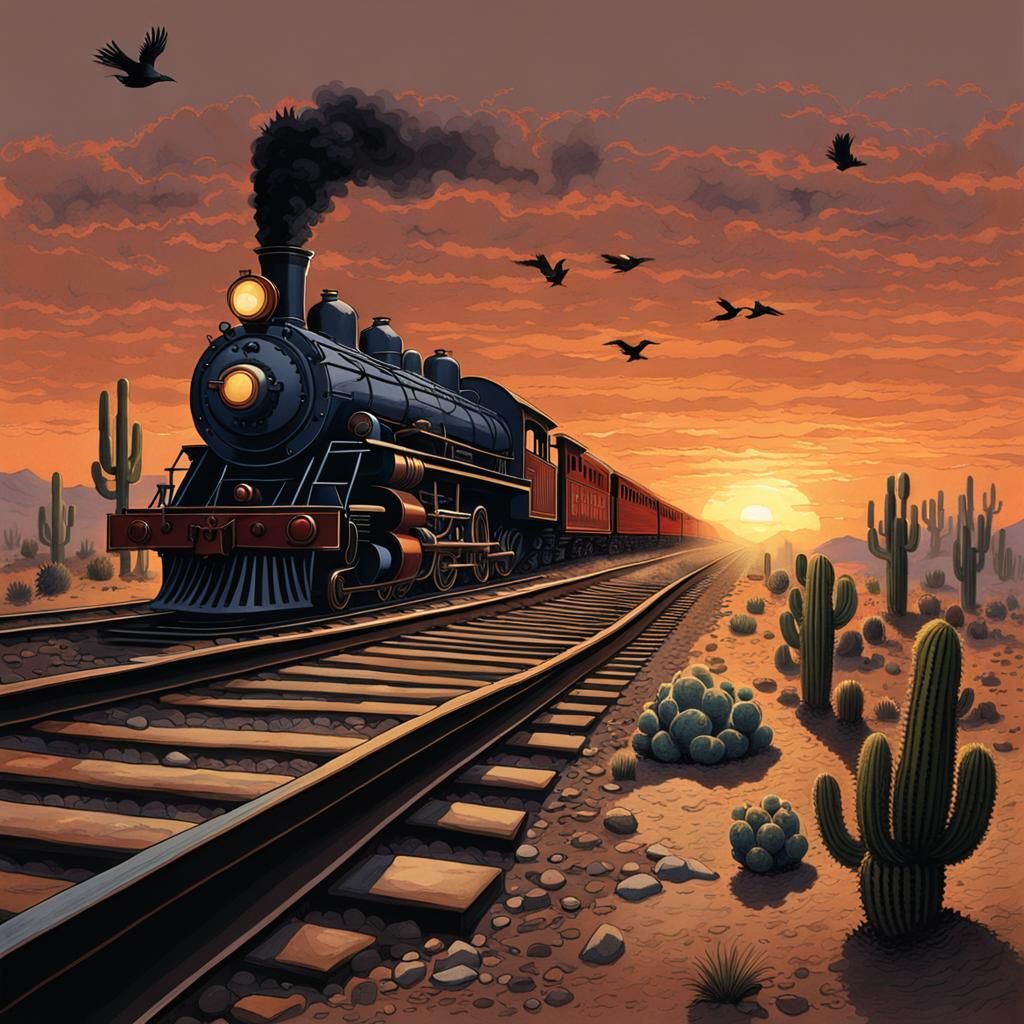 Desert Train Tracks at Sunset in Gothic Horror Style