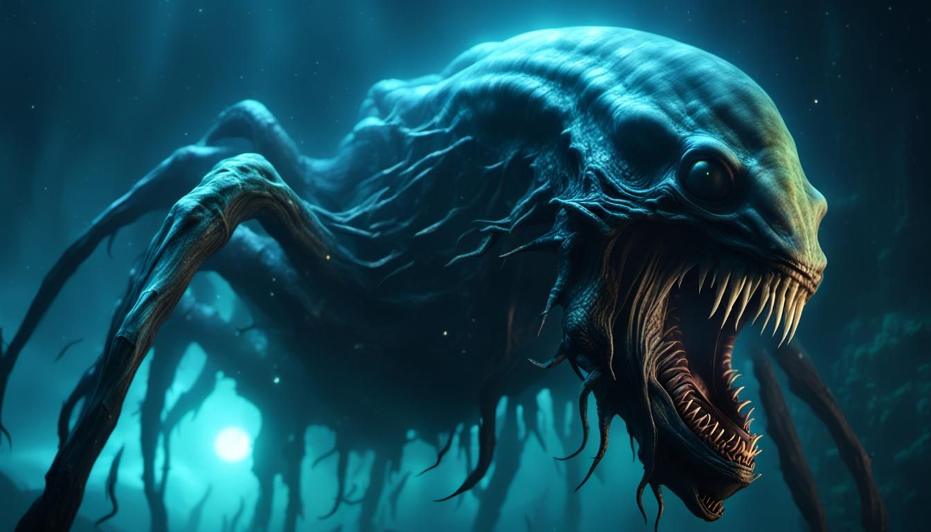 Bioluminescent Alien Monster in Deep Sea Abyss
