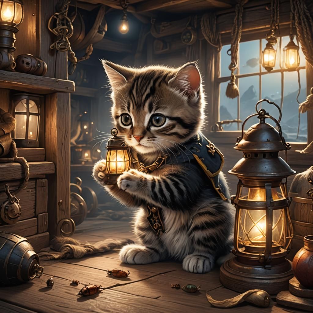 Kitten and Firefly in Pirate Cabin