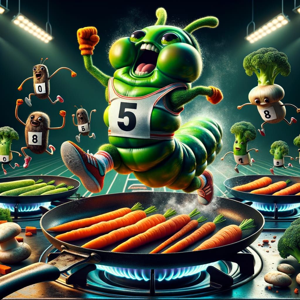 Energetic Caterpillar Athlete Jumps on Sizzling Pan