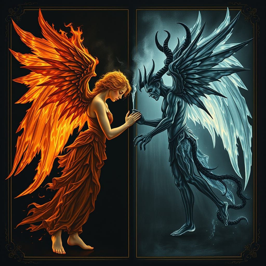Angel of Fire Meets Demon of Ice in Eldritch Art Nouveau