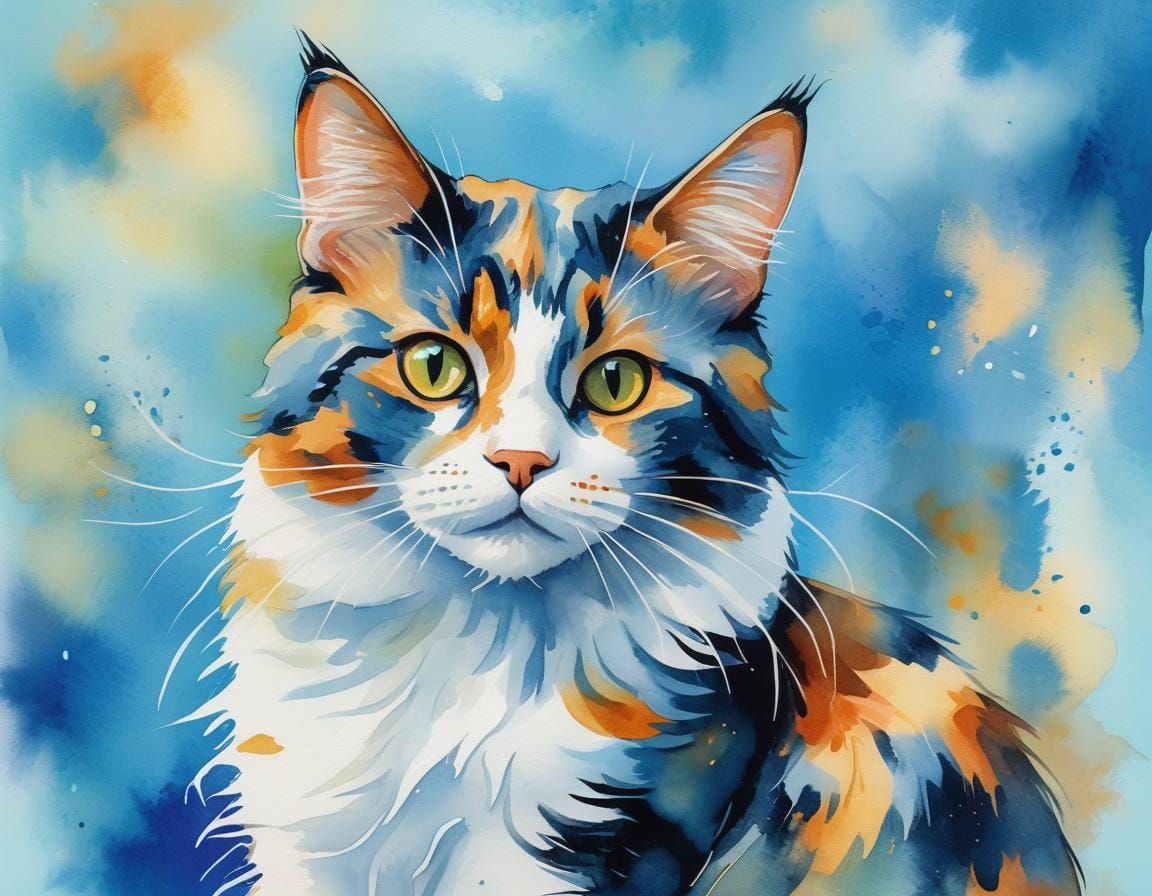 Cute Calico Cat: Watercolor Gouache Illustration