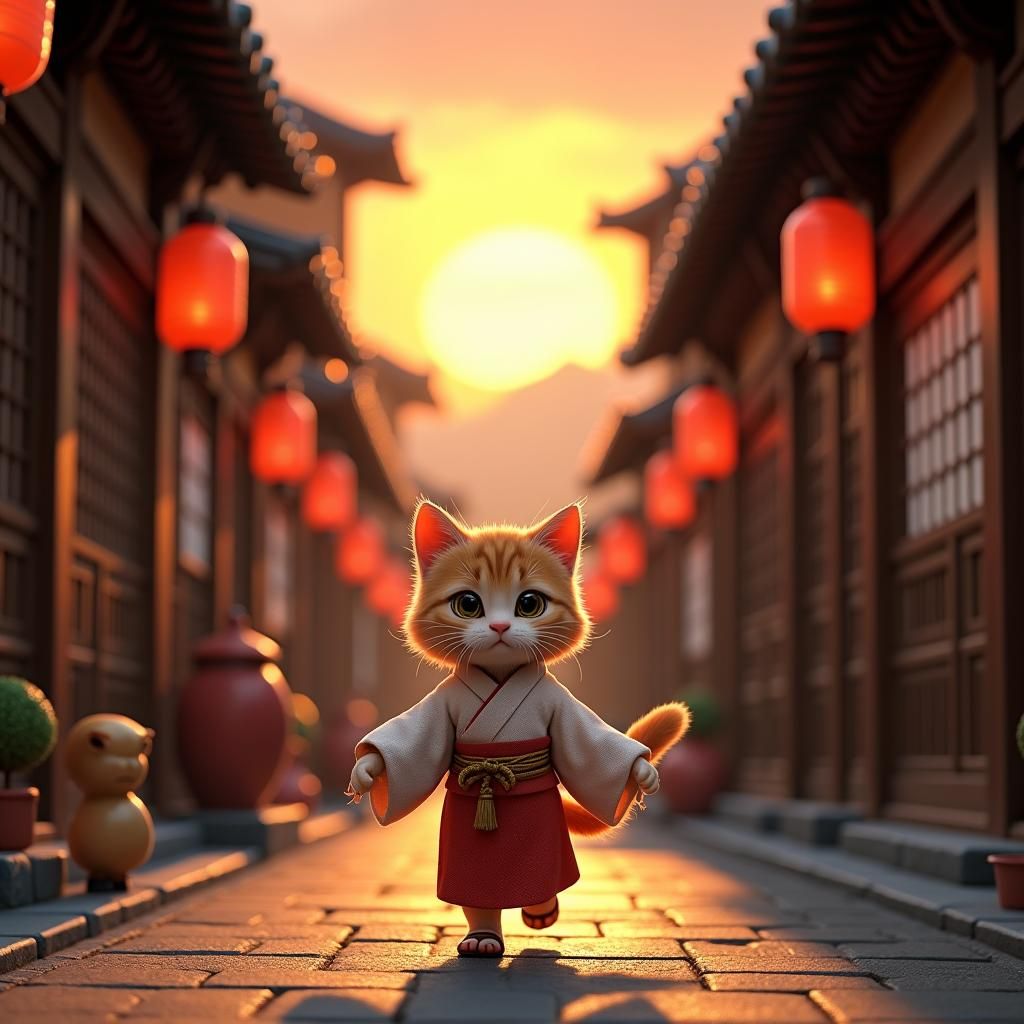 Cat in Japanese Street: 3D Cinematic Ukiyo-e Style