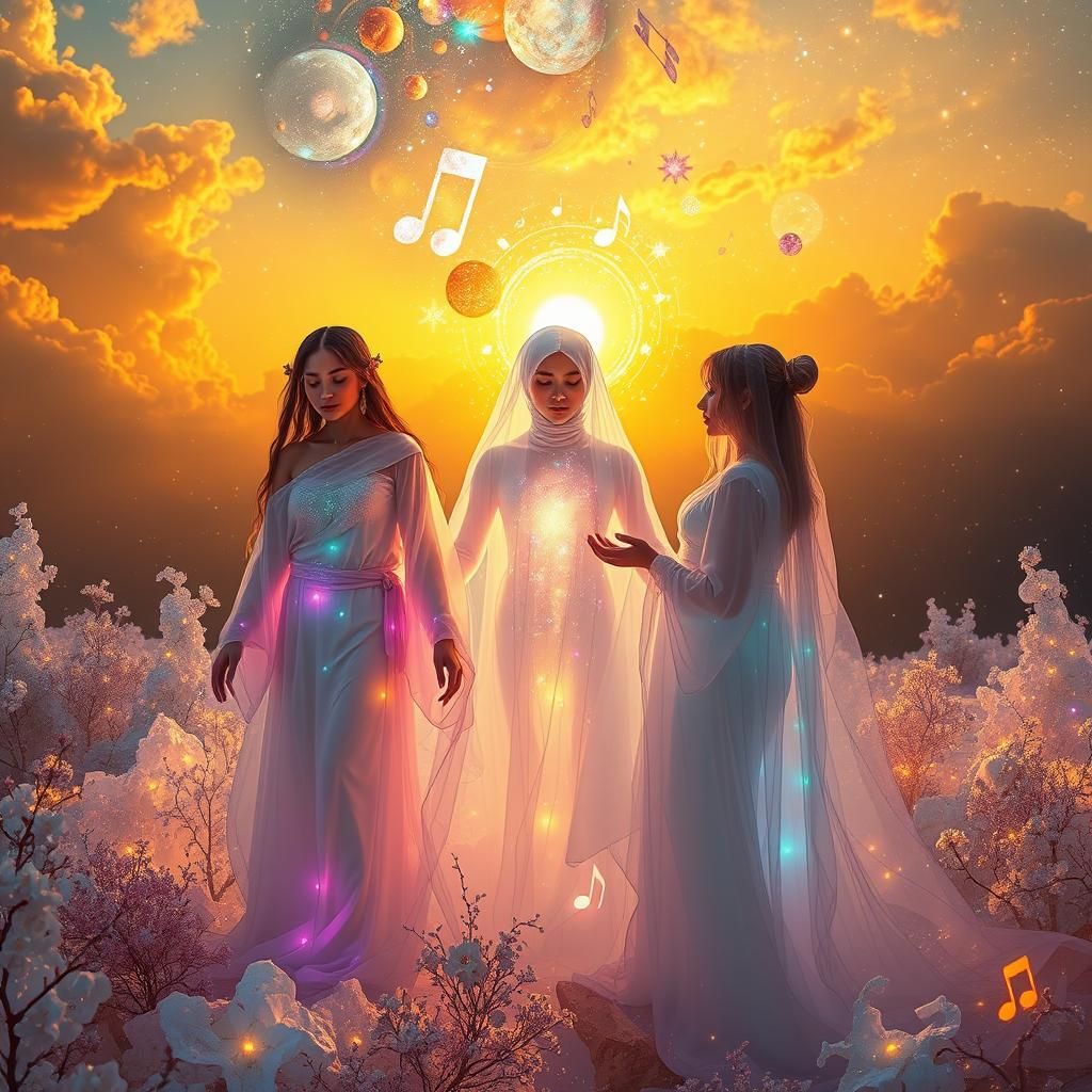 Iridescent Figures in a Dreamlike Glass Forest