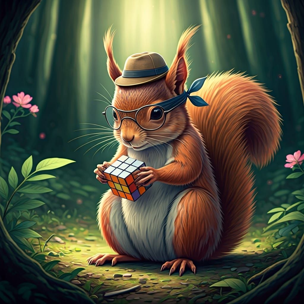 Squirrel Solves Rubik's Cube in Murakami-Miyazaki Style