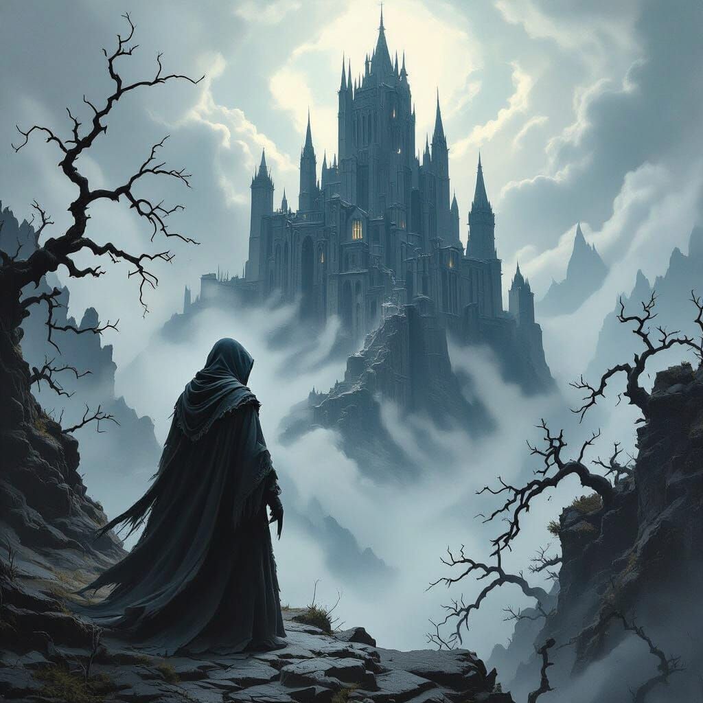 Spectral Monk at Crumbling Monastery in Dark Fantasy Style