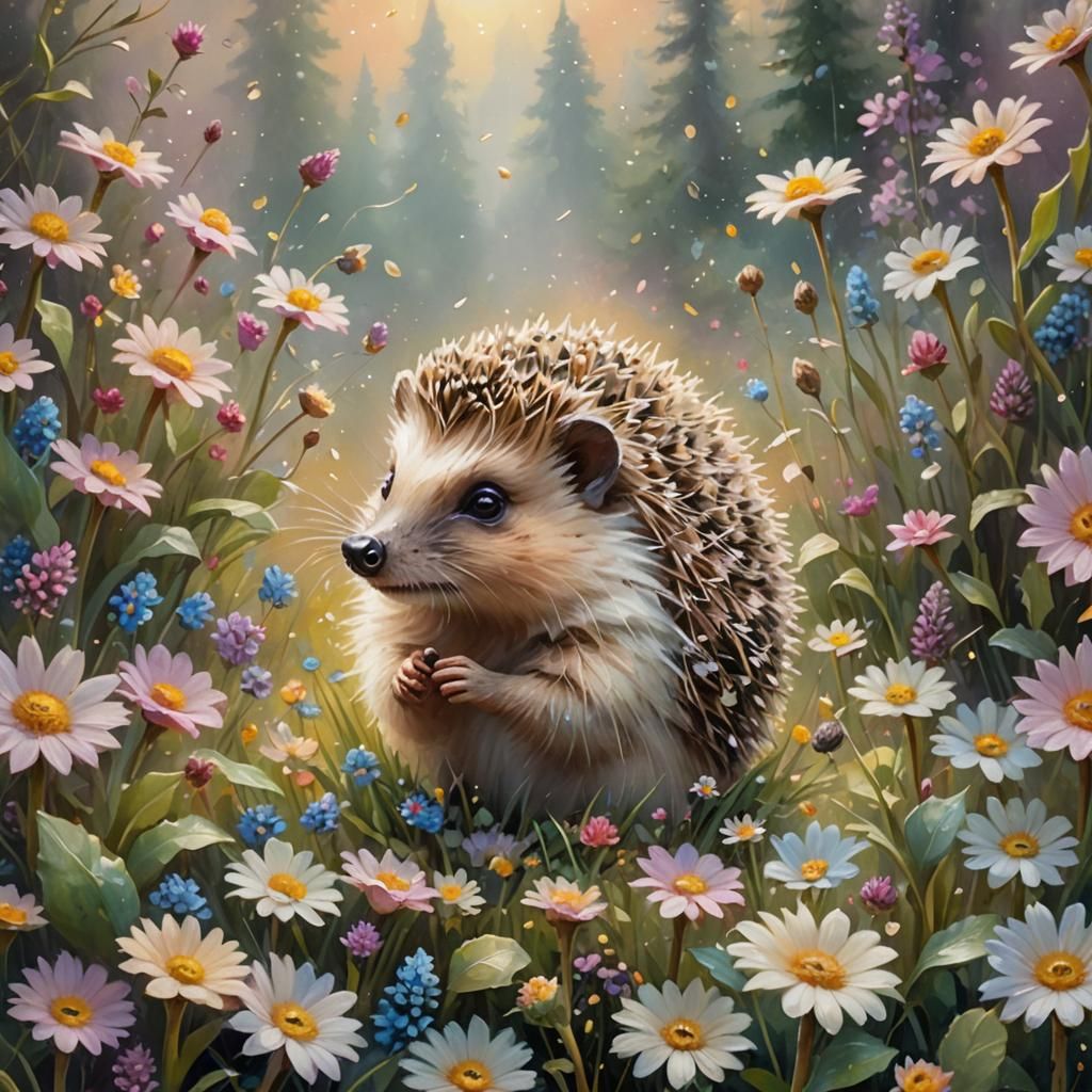 Hedgehog in Ethereal Garden, Oil Painting
