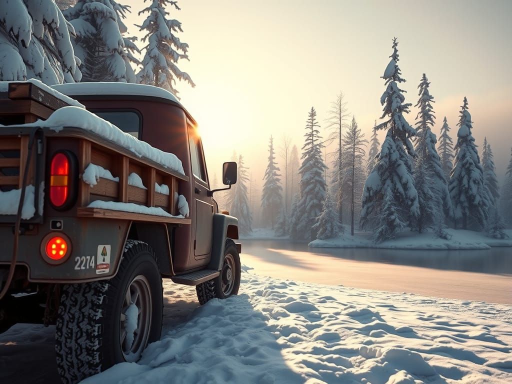 Winter camping in truck near the ice-cold lake