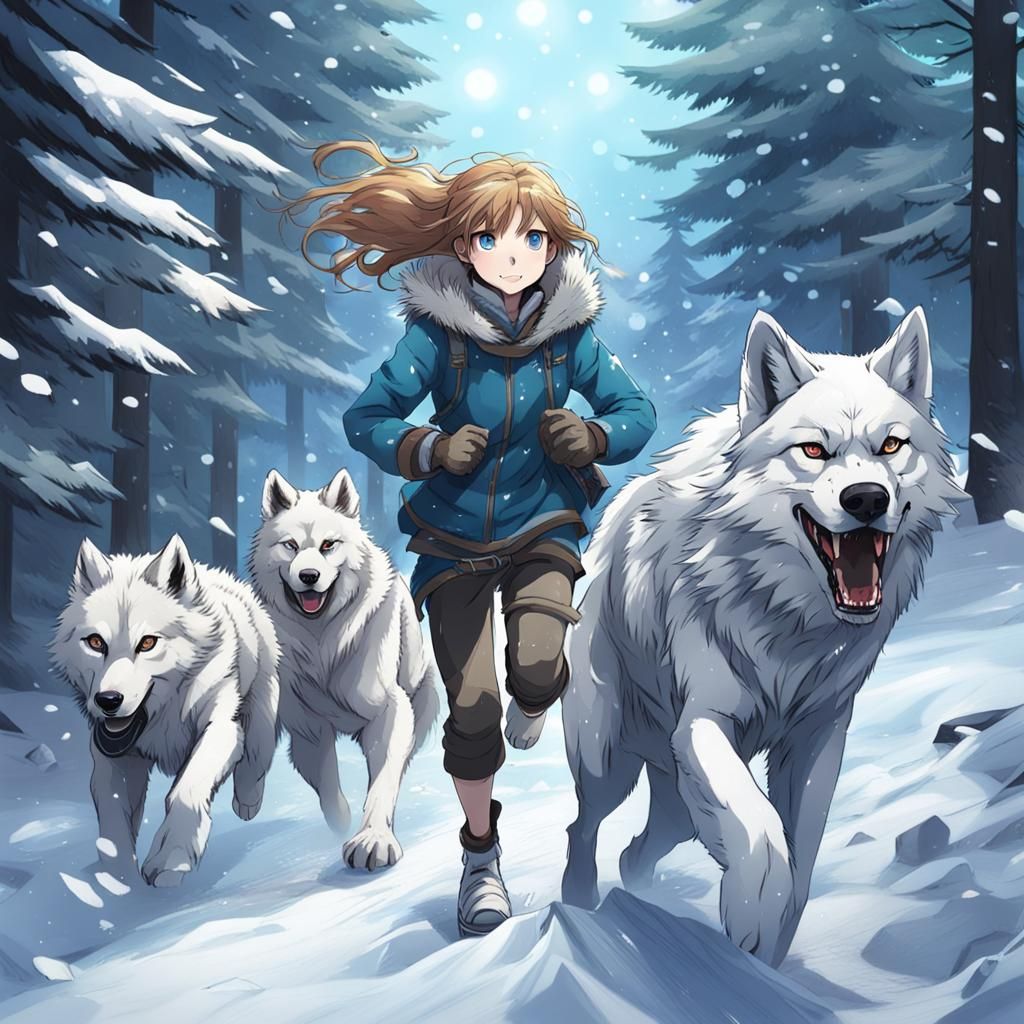 Anime Girl Running with Wolves in Snowy Forest