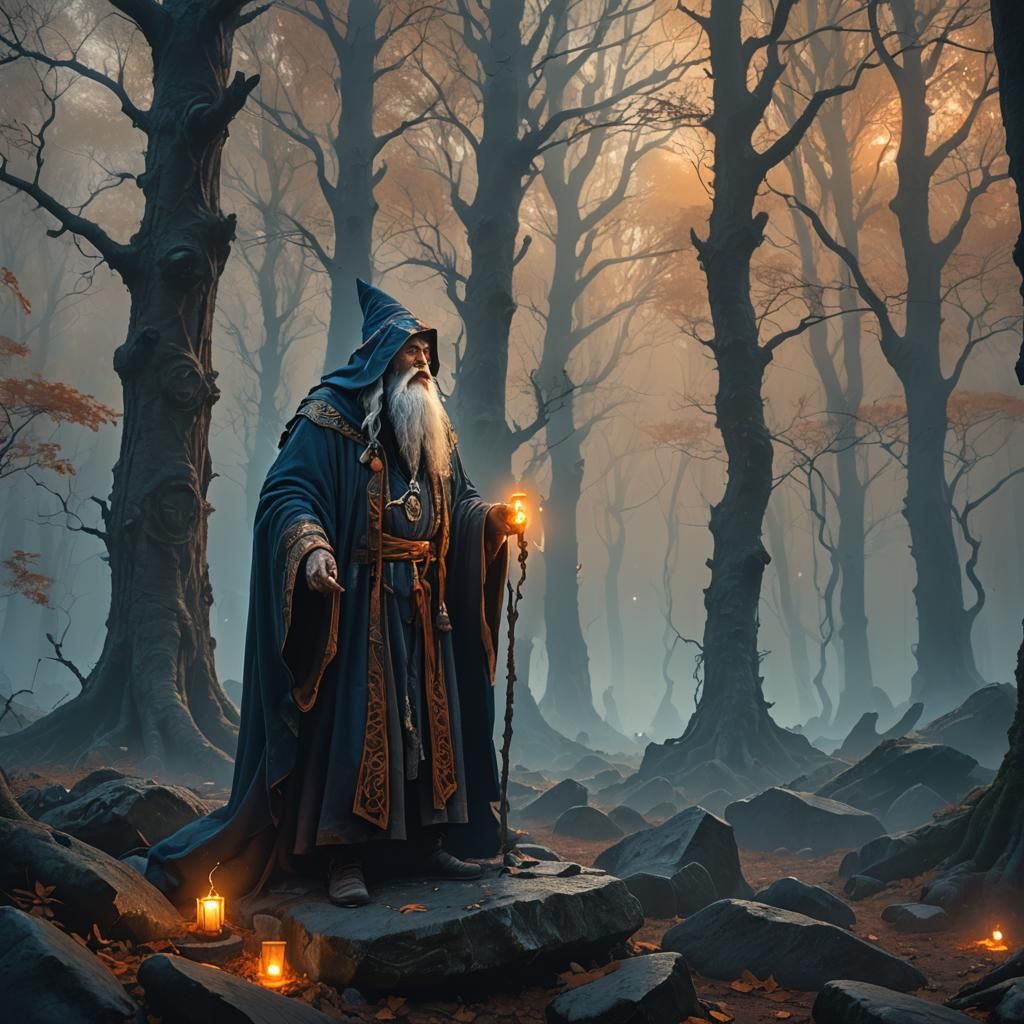 Old Wizard Crying in Misty Forest, Fantasy Art