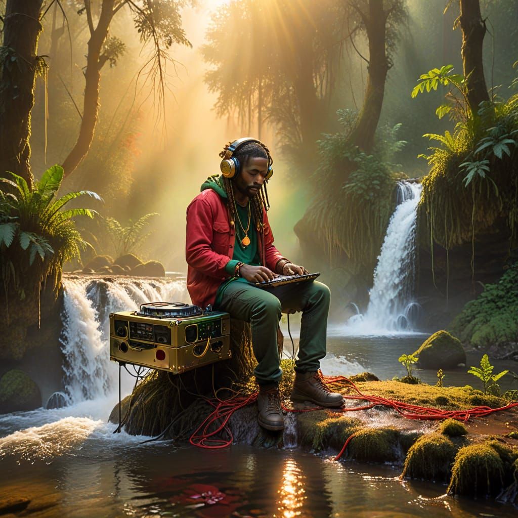 Vibrant Jungle Oasis Emerges from Golden Sunlit Mists