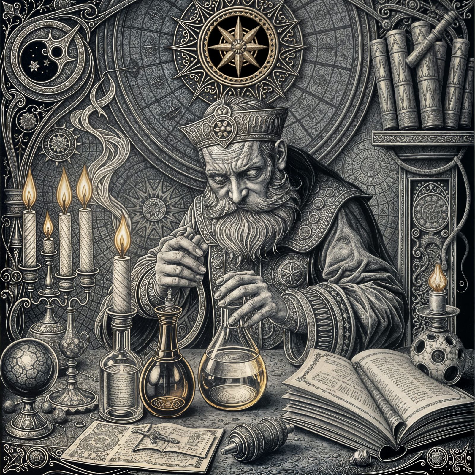 Alchemist Synthesizing Hipnozolam in Mystical Engraving
