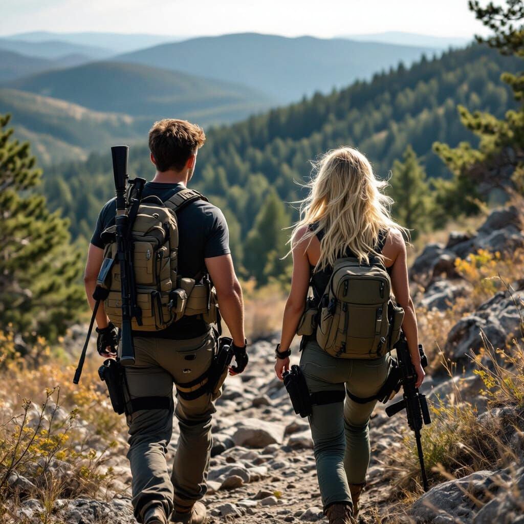 Couple in Tactical Gear Hiking Up Hill
