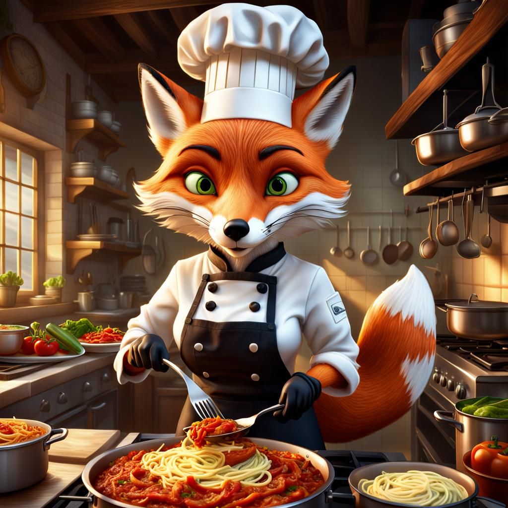 Cartoon Fox Master Chef Cooking Lasagna