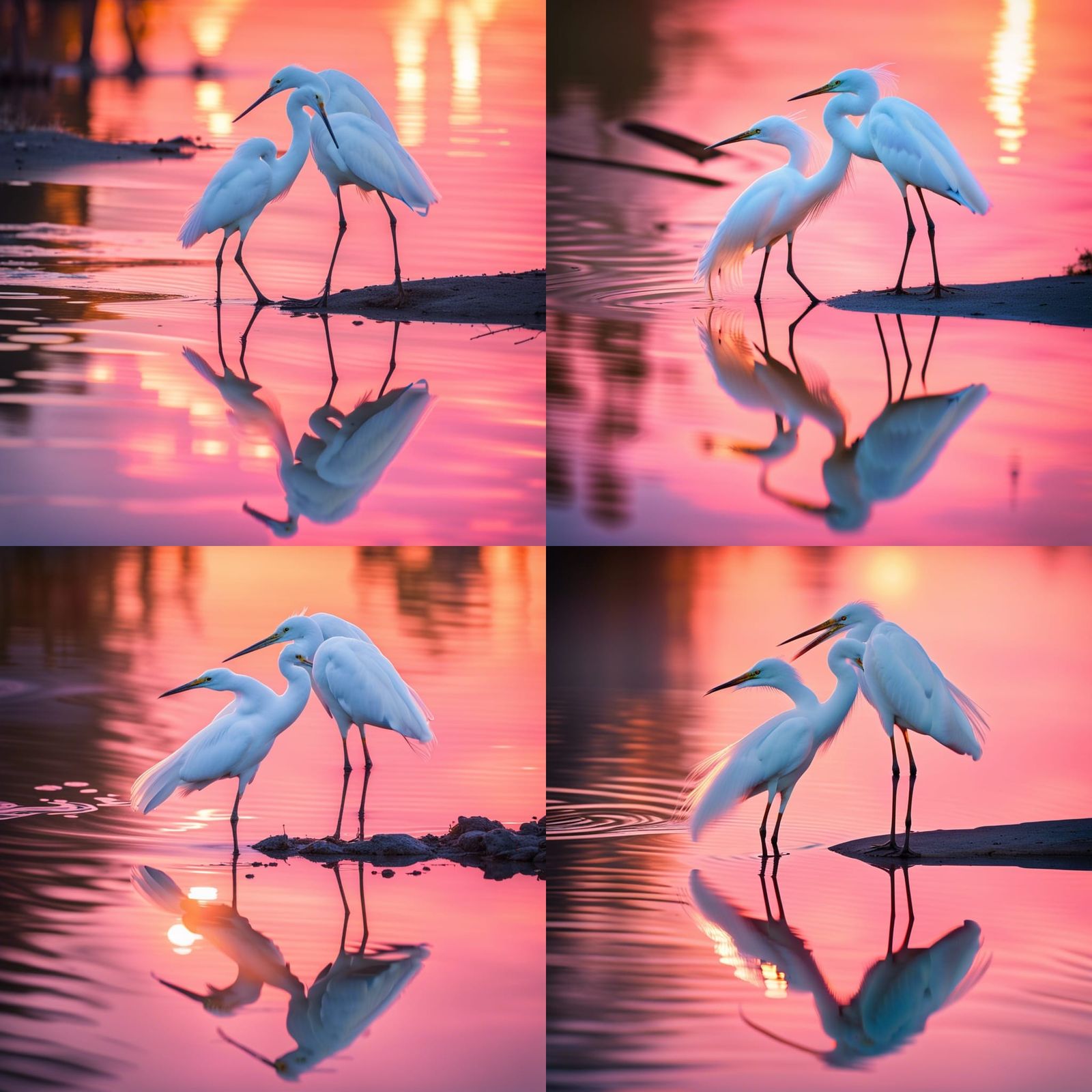 Egrets in Blue Lake at Sunset: Photography