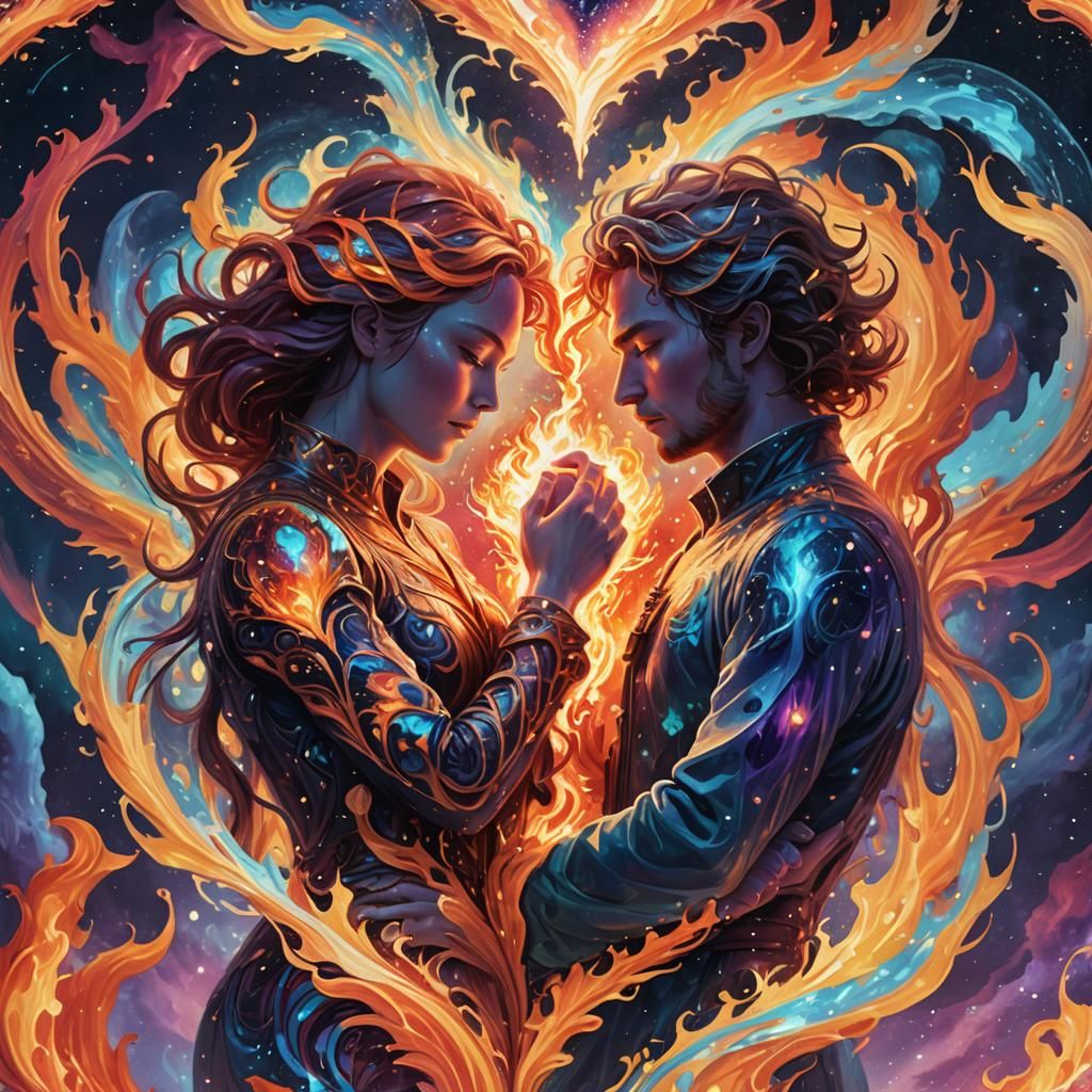 Fiery and Frozen Souls Intertwined: Cosmic Concept Art