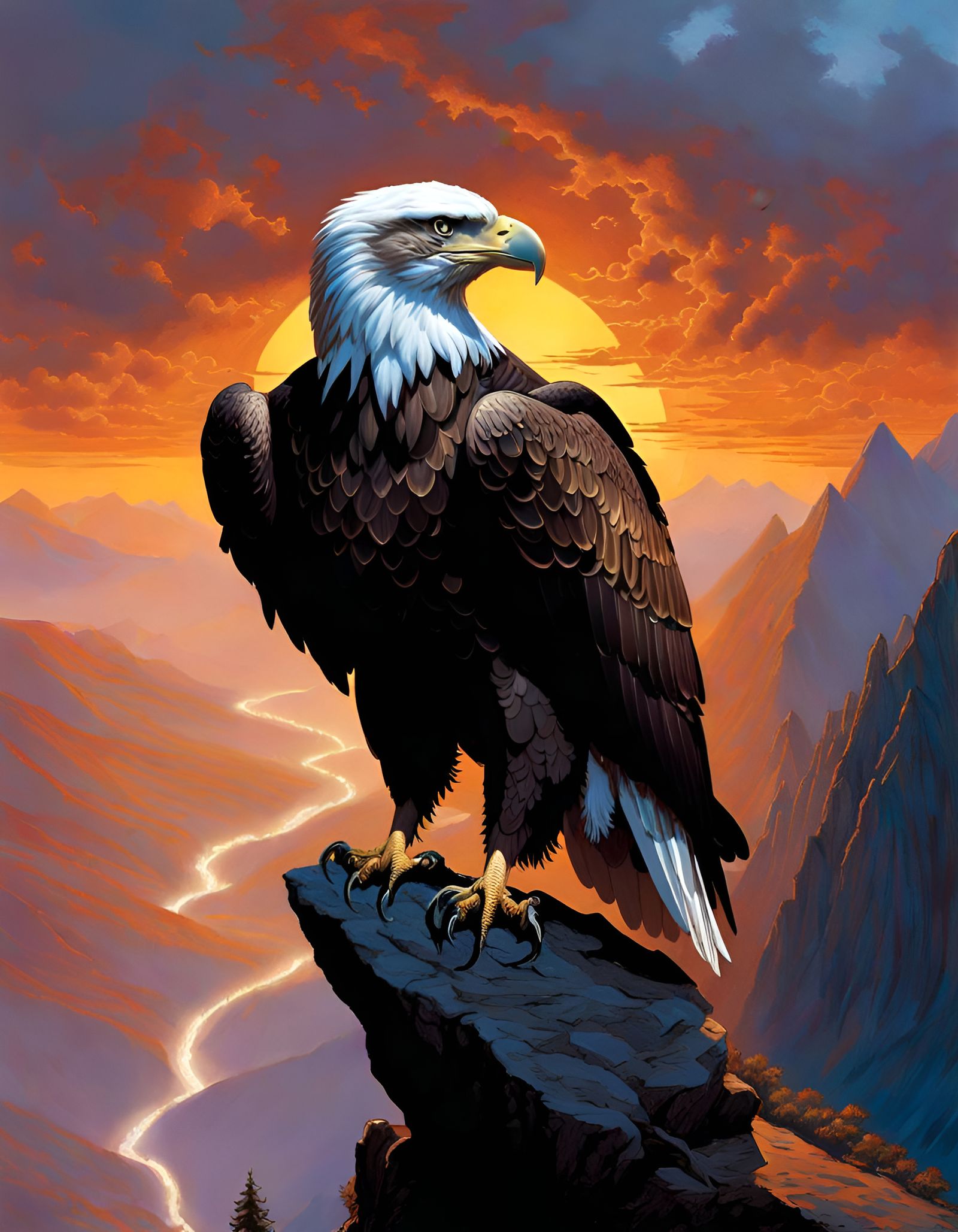 Majestic Eagle on Mountain Peak: Detailed Line Art