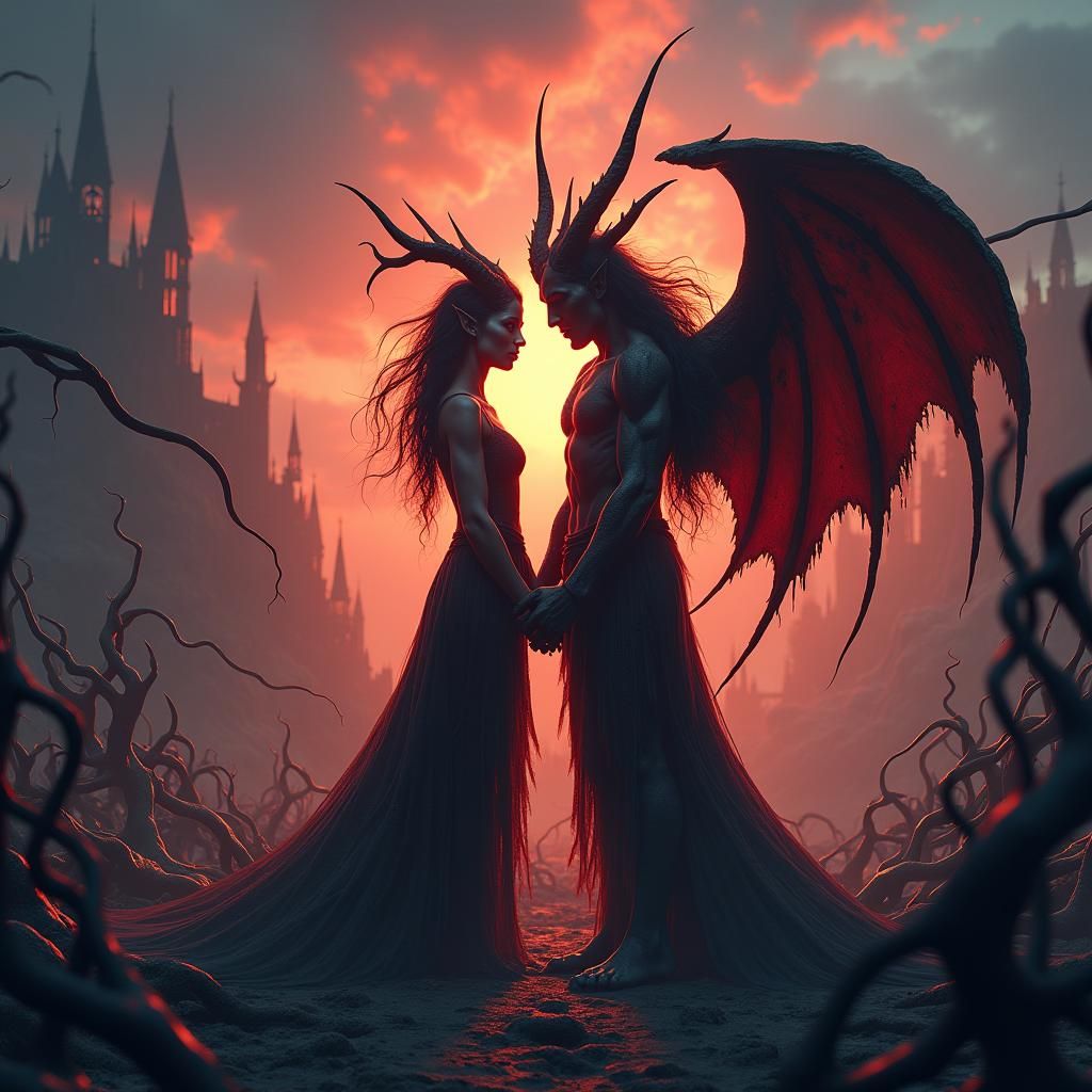 Demonic Couple in Gothic Landscape: Conceptual Art