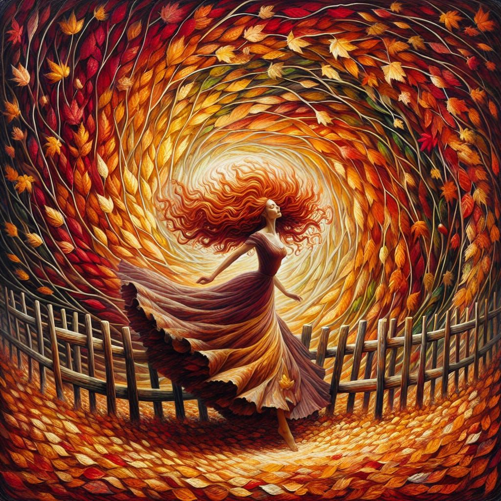 Ethereal Autumn Woman in Impressionistic Whirlwind