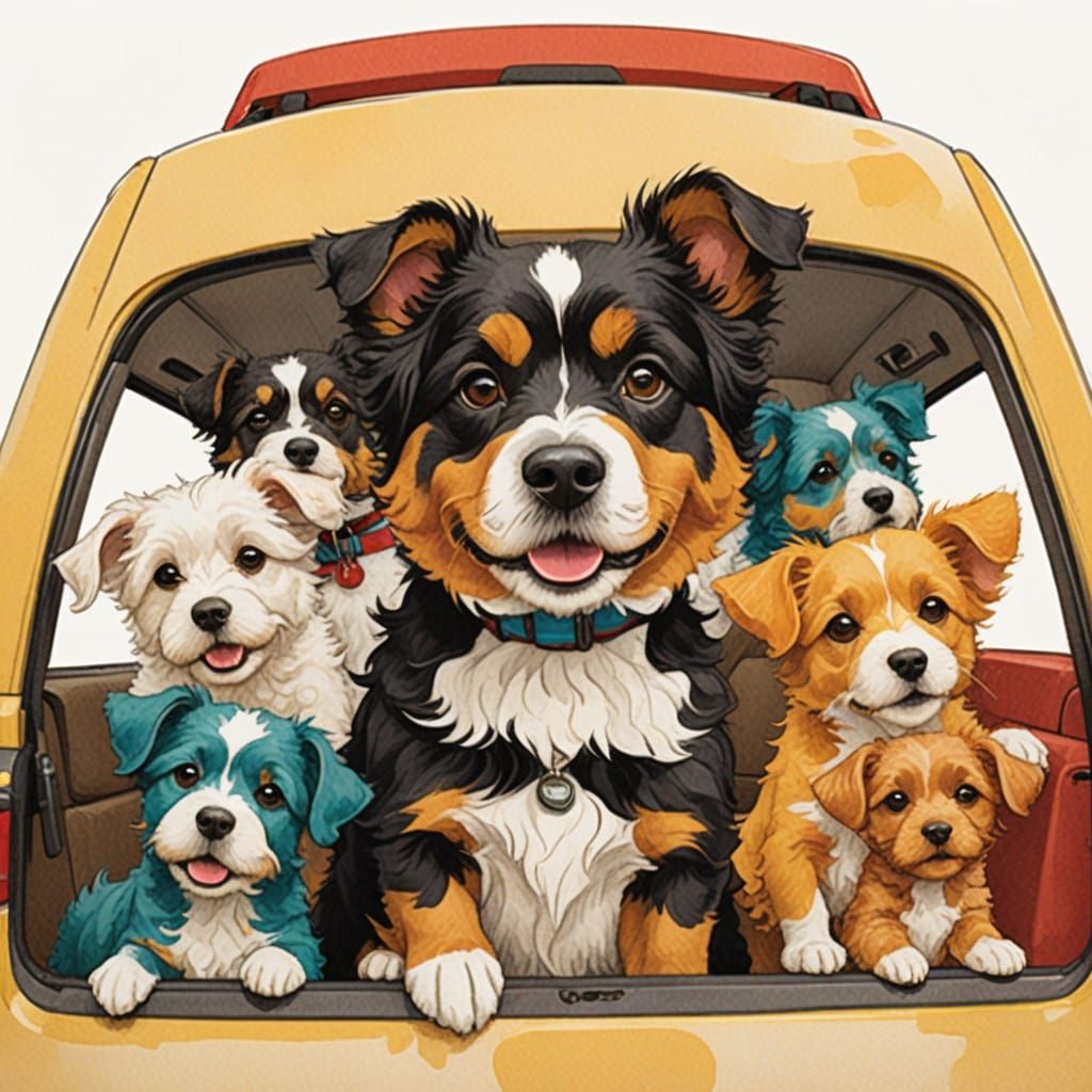 Whimsical Storybook Dogs on a Joyride in a Minivan