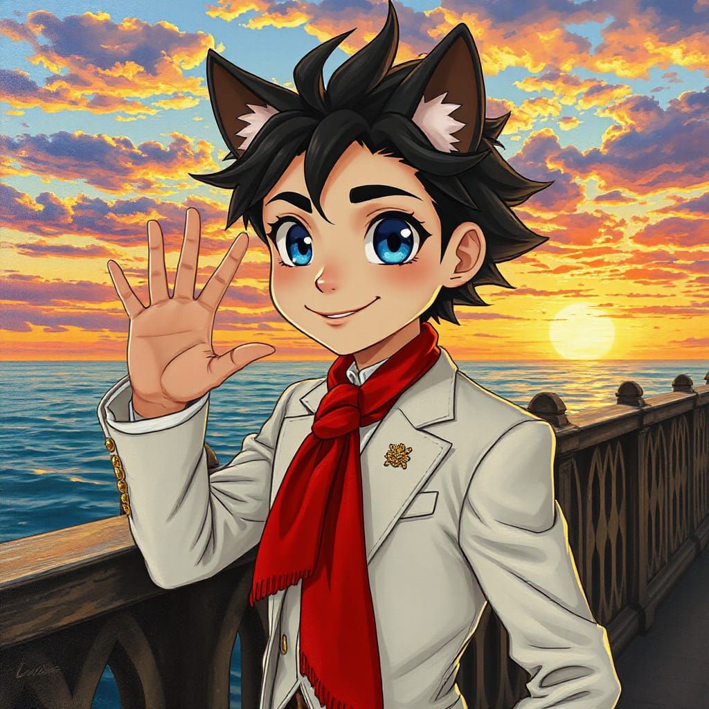 Kemonomimi Man Waves at Sunset: Impasto Acrylic