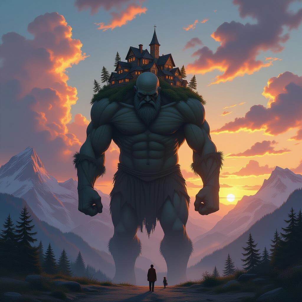 Giant Carries Village Burden Under Sunset Sky