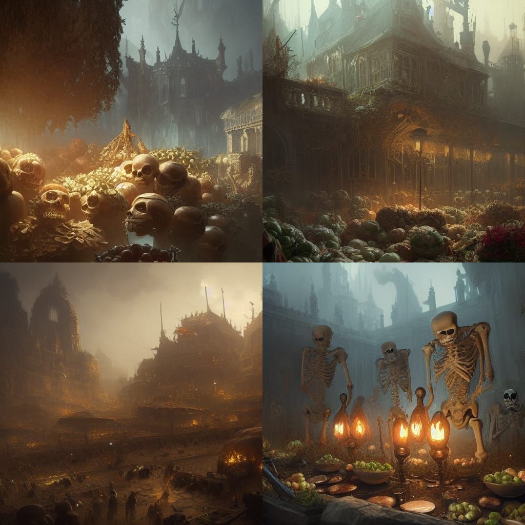 Skeletons and Cornucopias in Dark Fantasy Style