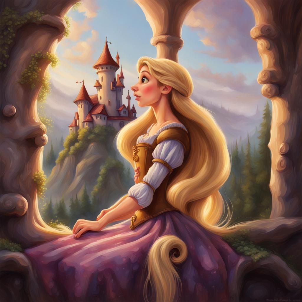Rapunzel with Poison Mushroom, Detailed Fantastical Painting