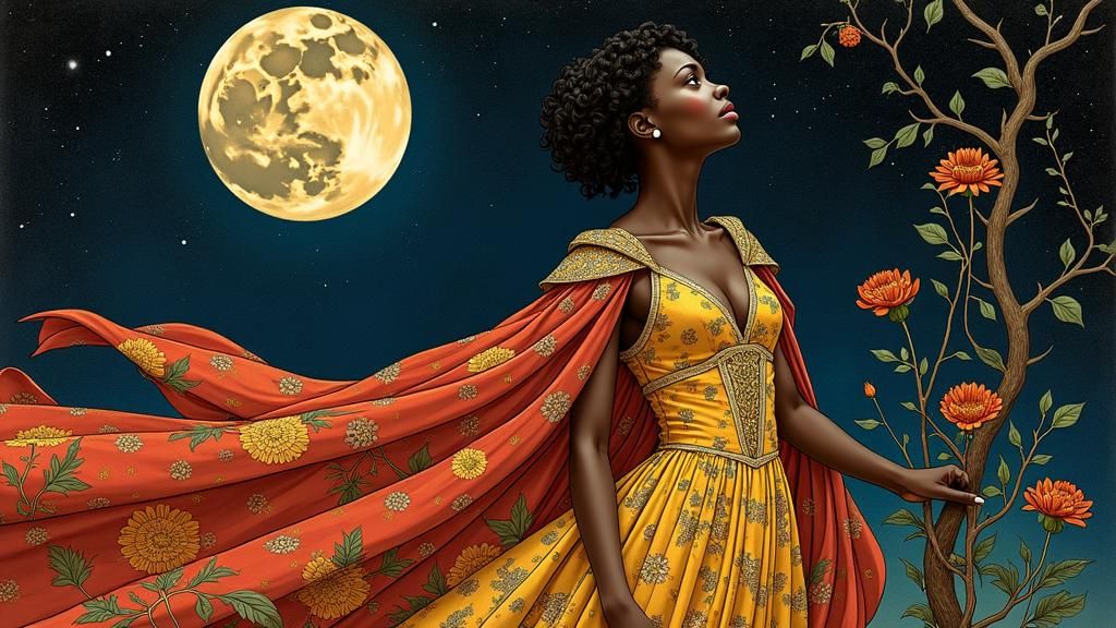 Black Woman Gazing at Moon in Art Nouveau Style