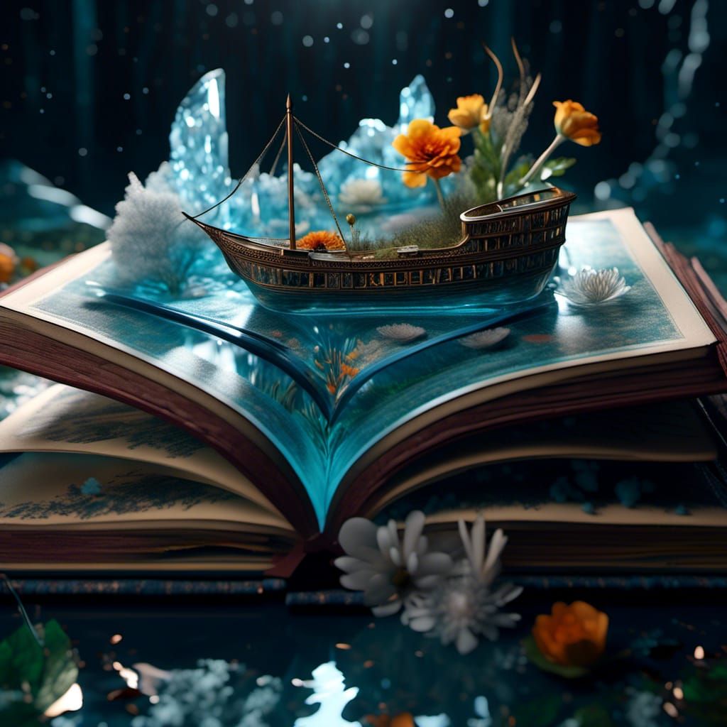 Glass Book with Flowers, River, and Ship: Fantasy Art