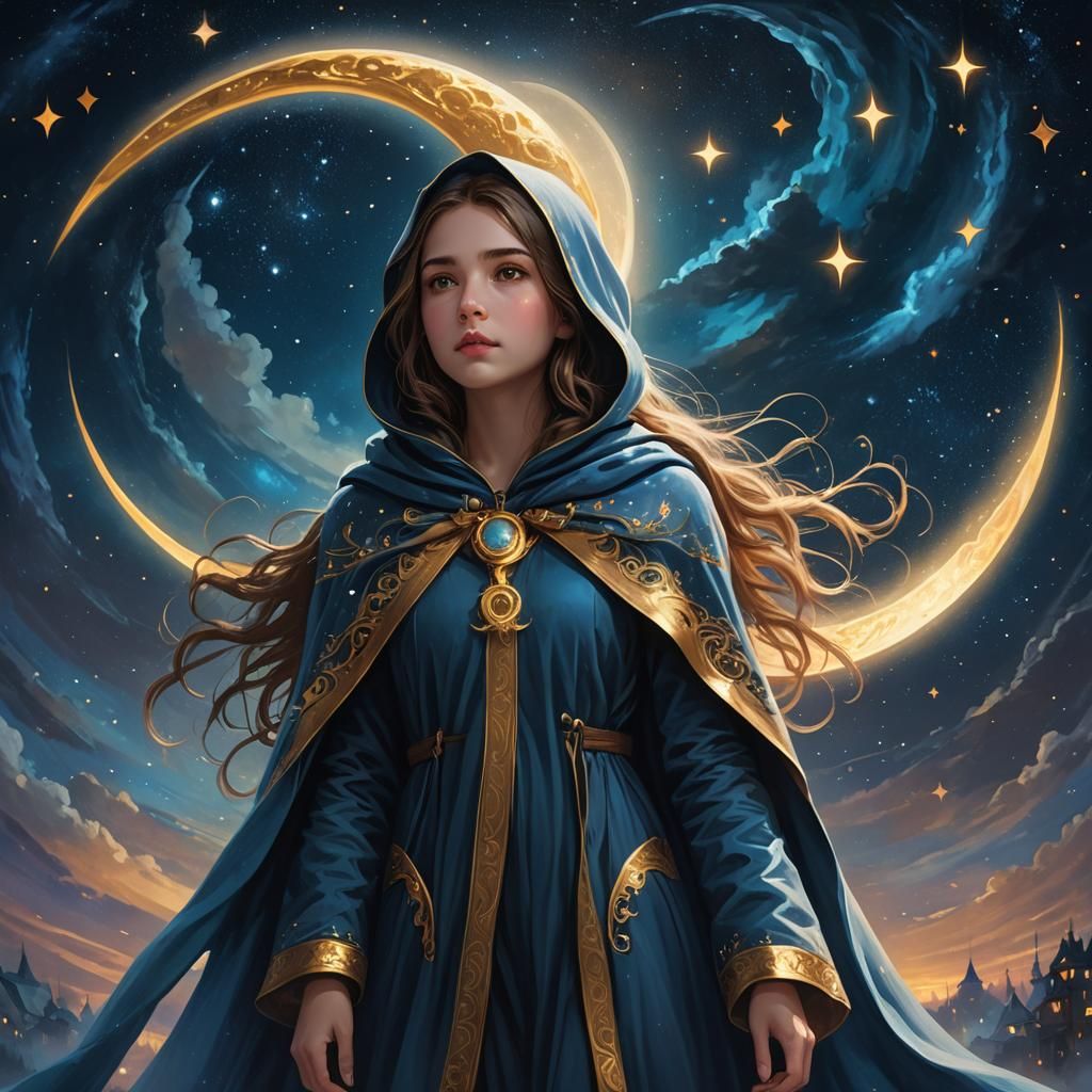 Surreal Girl Floats Before Moon in Starry Night