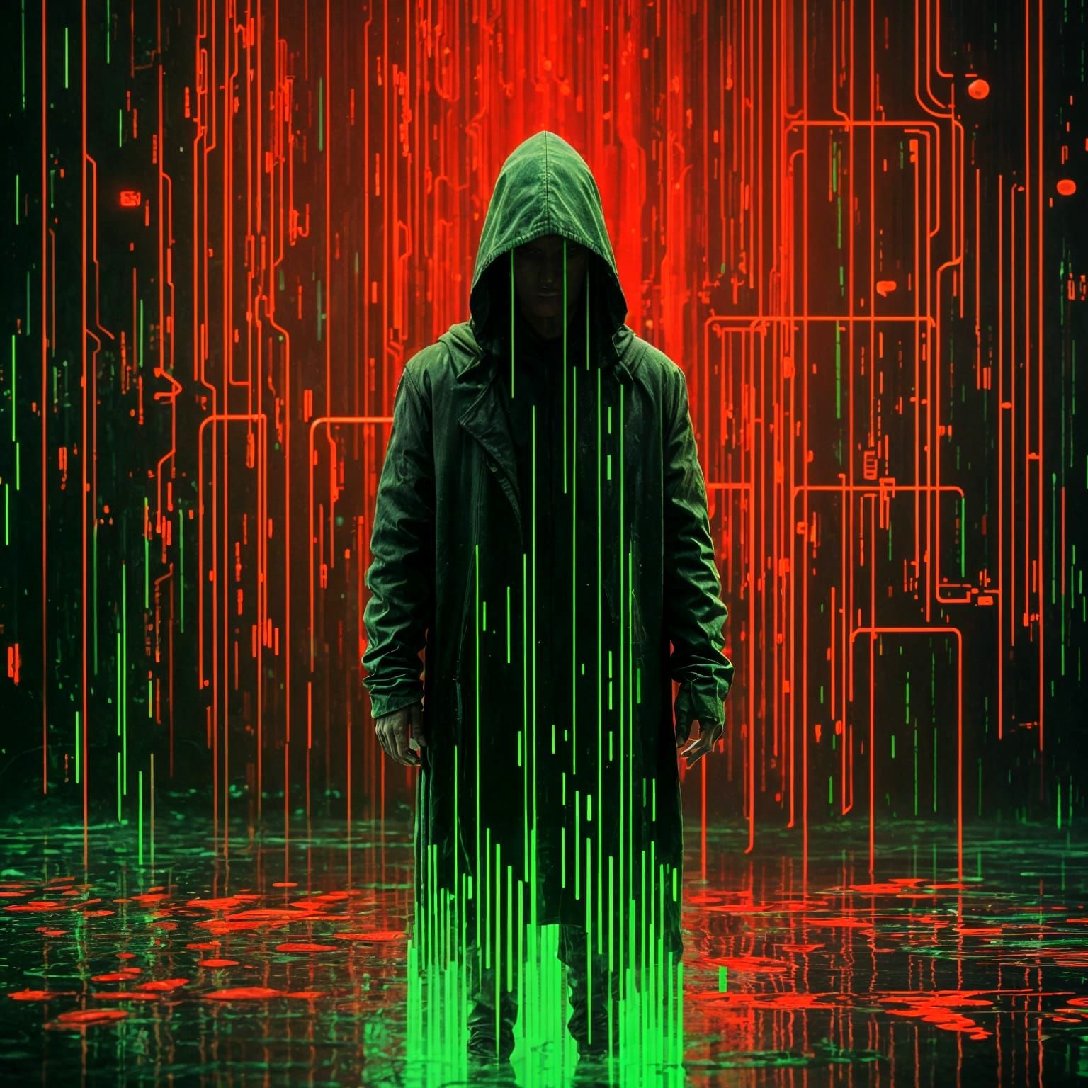 Woman in Digital Rain with Red ASCII Heart