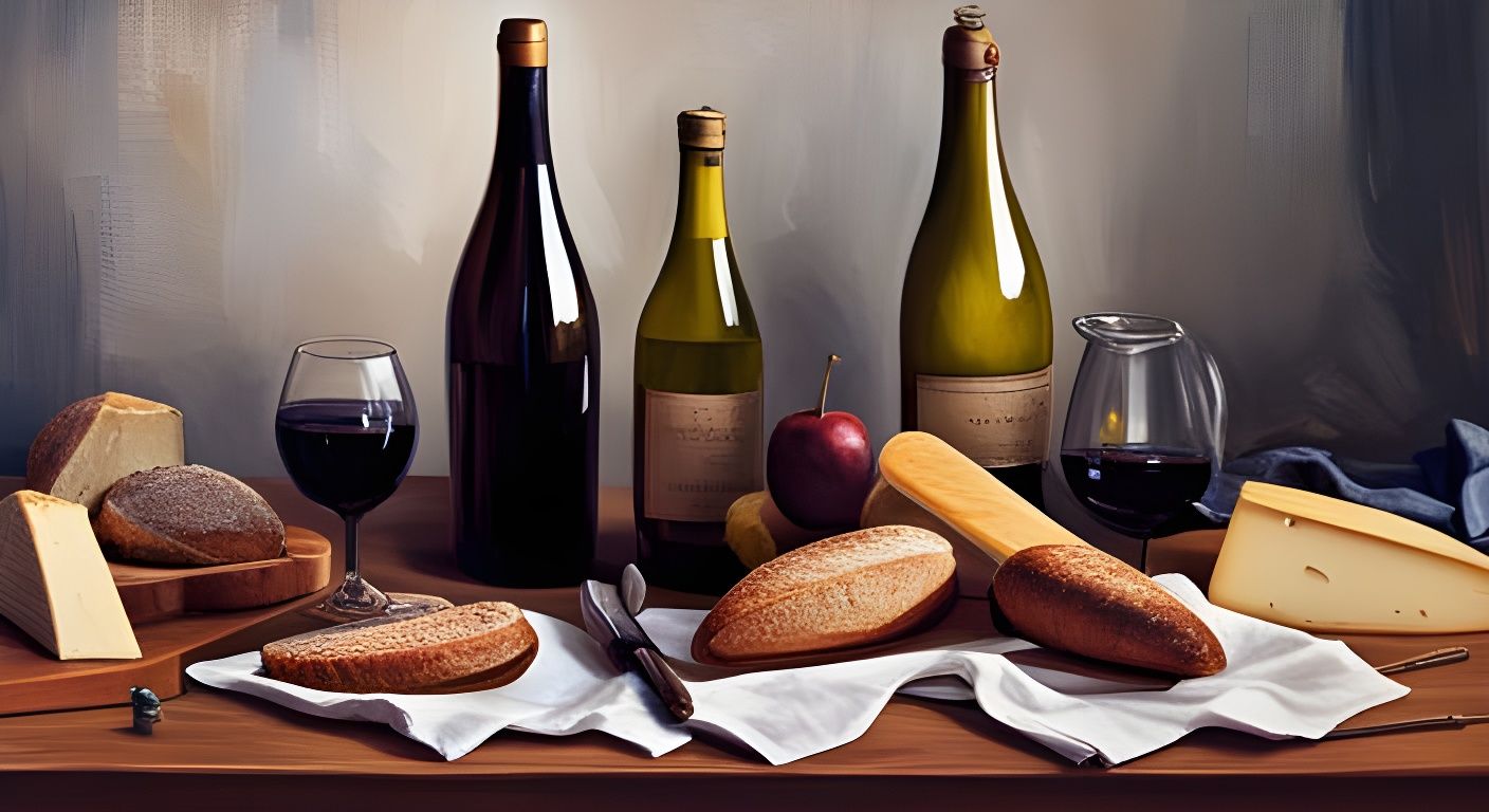 Wine, Cheese, Bread, and Fruit Still Life