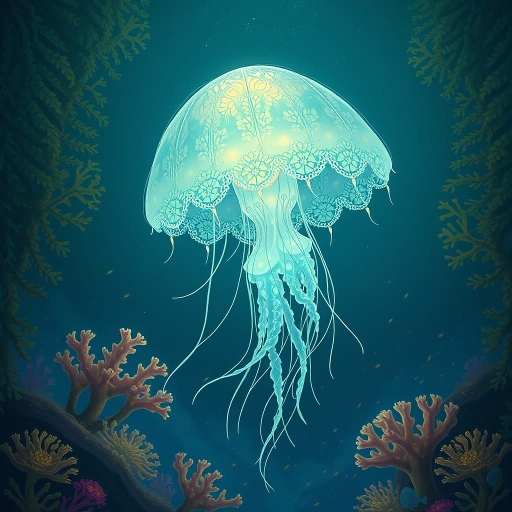 Bioluminescent Jellyfish in Kelp Forest: Surreal Art Nouveau