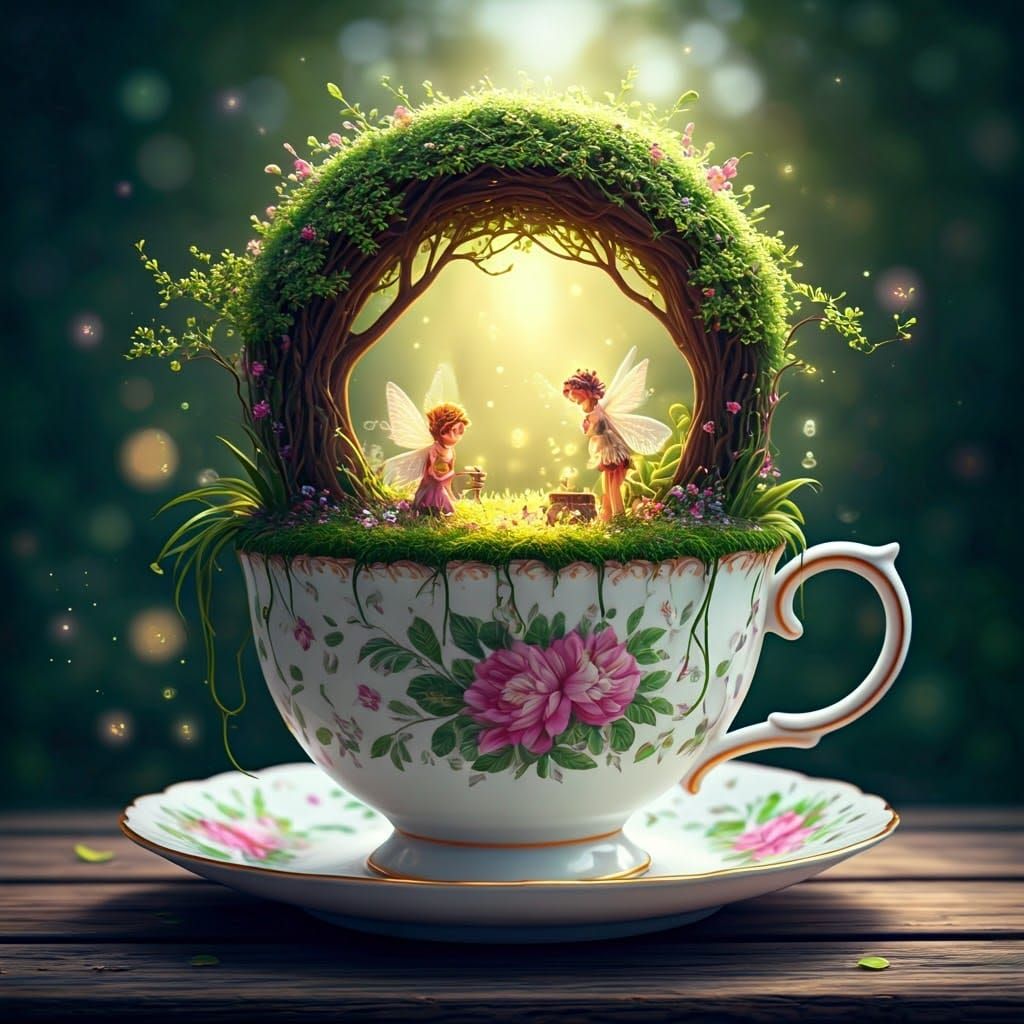 Enchanted Fairy Garden Inside Ornate Teacup