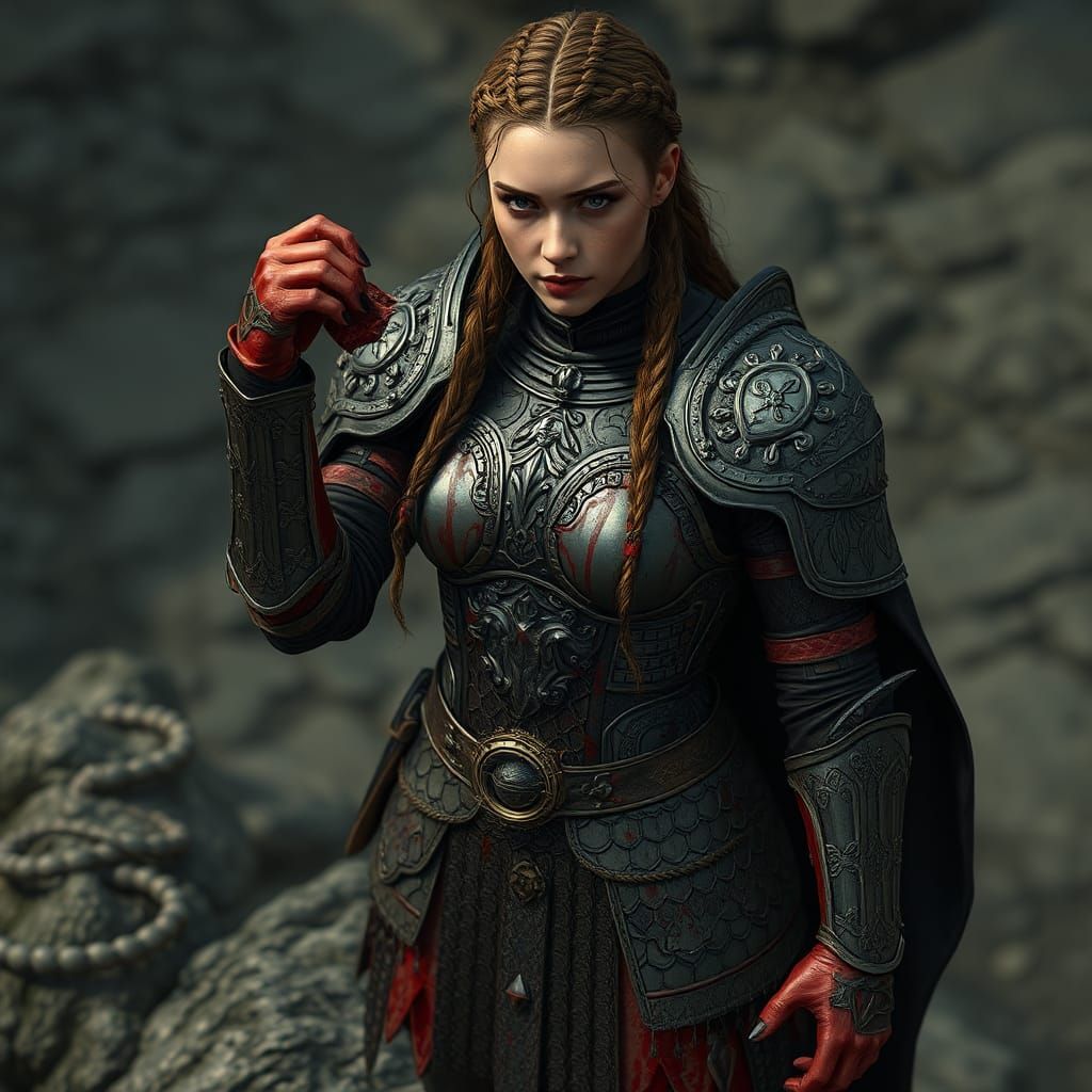 Hyperrealistic Woman Warrior with Severed Head