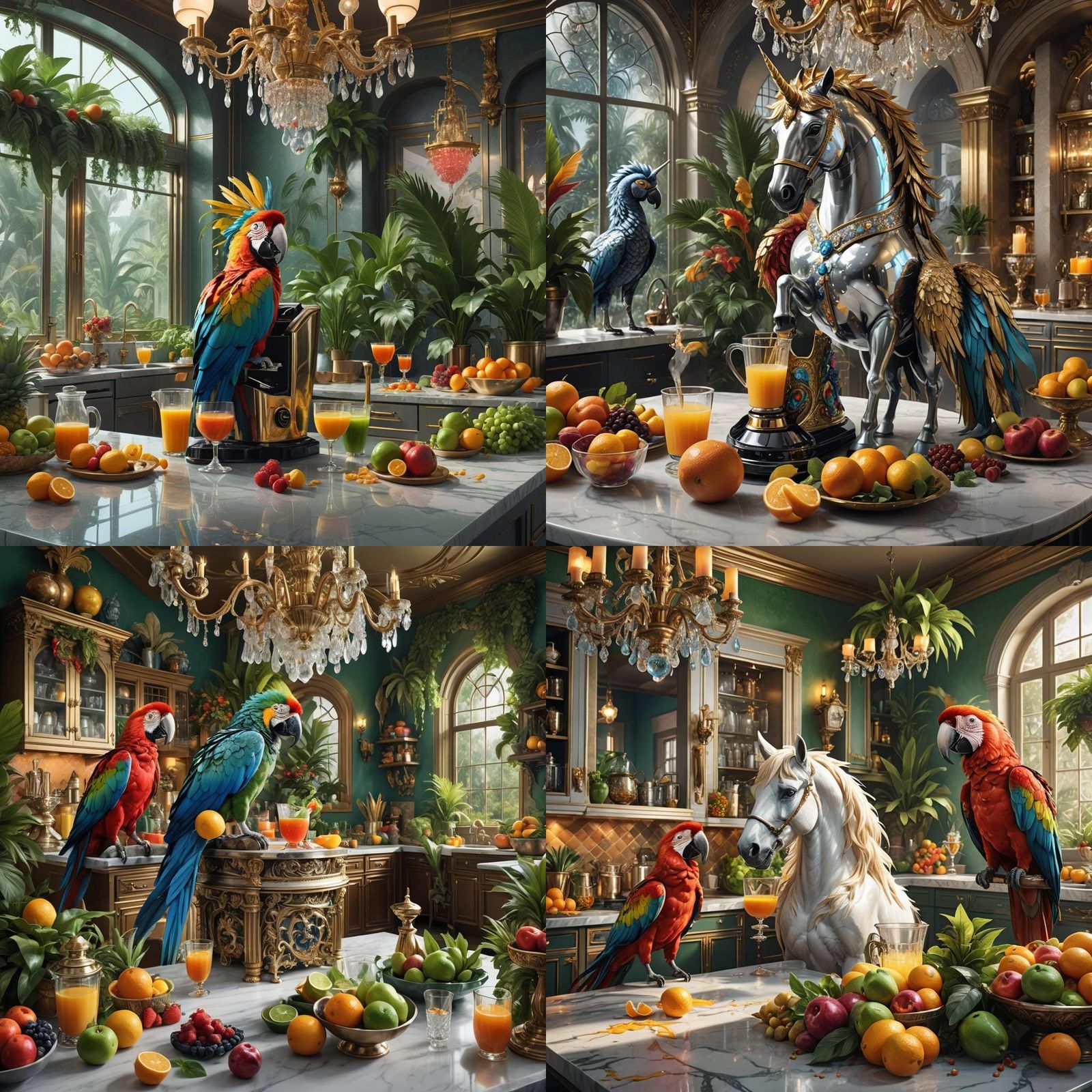 Macaw and Unicorn Make Fruit Juice in Opulent Kitchen